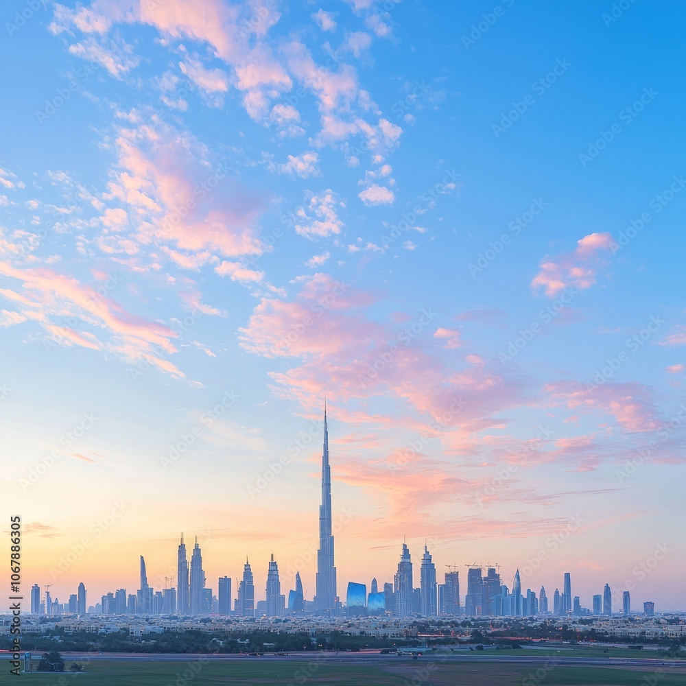 City skyline at sunset featuring tall buildings and a vibrant sky. City skyline at sunset featuring tall buildings and a vibrant sky.
