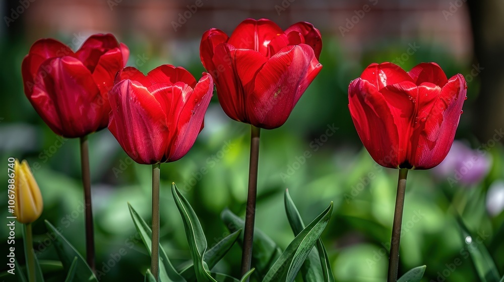 Fototapeta premium Dark Tulips Reflecting Light Amid Emerald Shoots