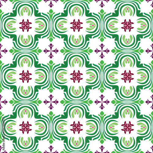 Seamless Aztec-Inspired Damask Textile Pattern in Green and Maroon Vector