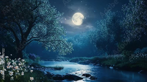 Moonlit River Night Scene Seamless Loop Video Background