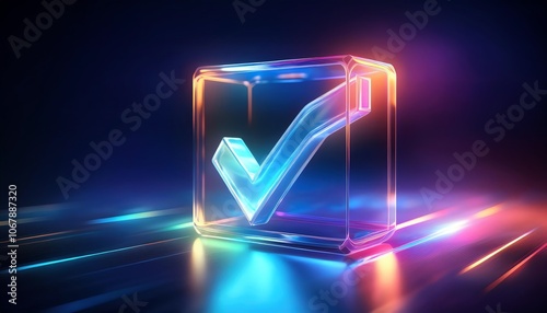 A vibrant, glowing 3D holographic checkmark inside a cube, surrounded by colorful light trails, symbolizes approval and completeness.