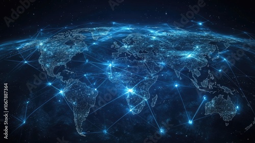 Global social media network connection on planet earth map. Internet technology and online information data exchange