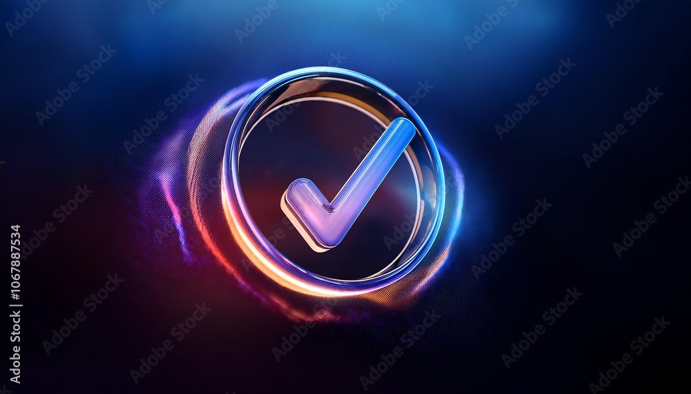 A glowing check mark symbol encircled by a vibrant, swirling design against a dark background. A glowing check mark symbol encircled by a vibrant, swirling design against a dark background.