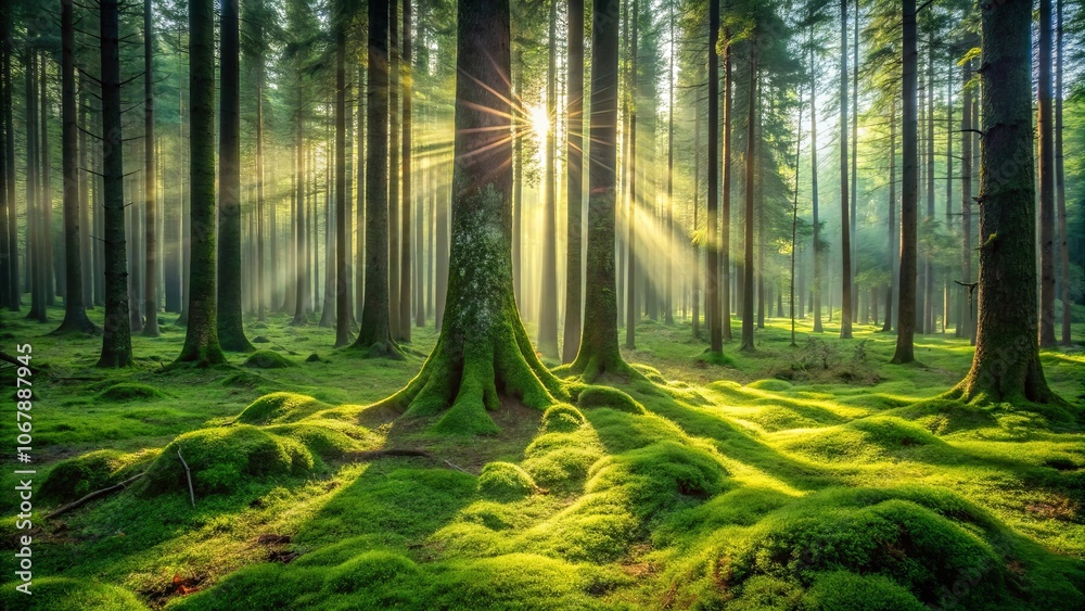 Fototapeta premium Sunlight Illuminates a Lush Forest Floor with Gentle Mist and Sunbeams Filtering Through a Canopy of Tall Trees