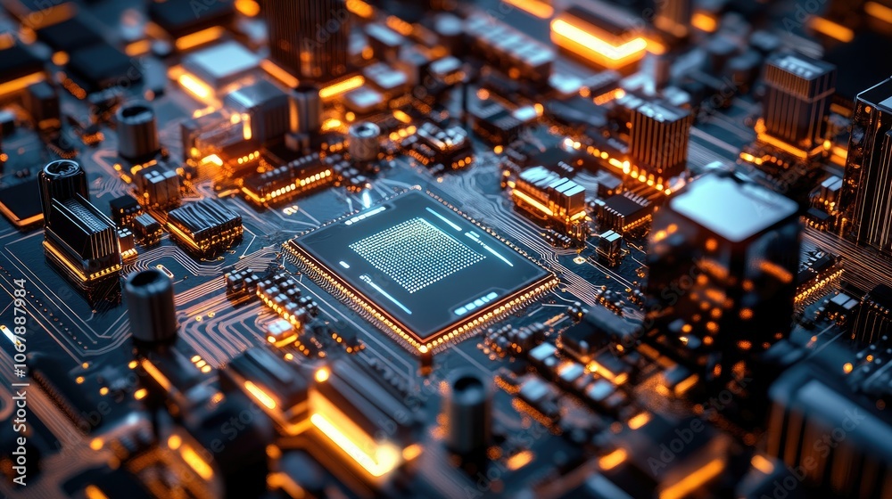 Neon-lit cityscape of a futuristic metropolis, reflecting on a high-tech circuit board, symbolizing the future of urban design and technology Neon-lit cityscape of a futuristic metropolis, reflecting on a high-tech circuit board, symbolizing the future of urban design and technology
