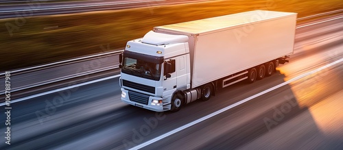 A white truck driving on a highway during sunset.