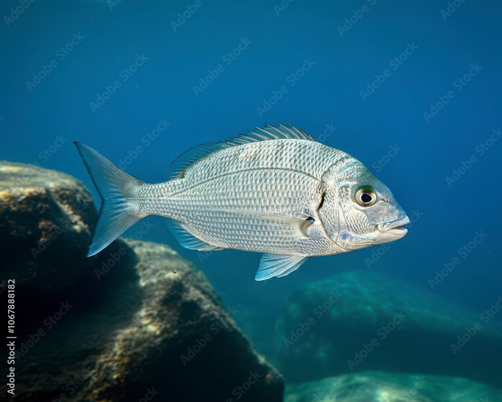 White seabream and rock in background Mediterranean sea background White seabream and rock in background Mediterranean sea background