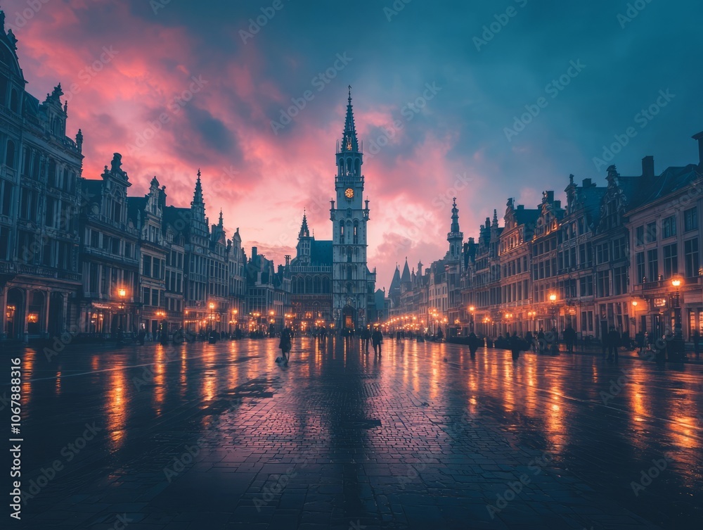 Fototapeta premium A twilight view of a historic square with a prominent clock tower.