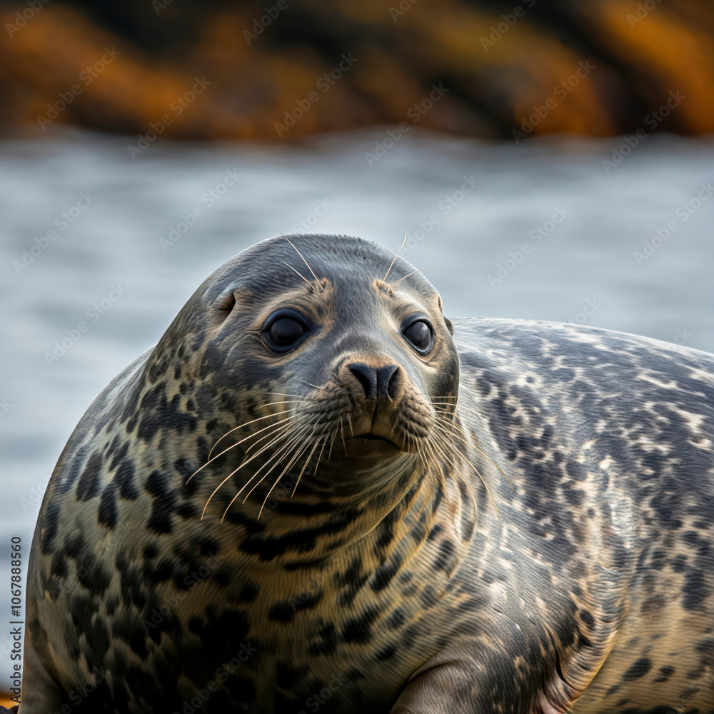 Fototapeta premium Grey seal on Scottish coast with sparling eyes watching everything on water