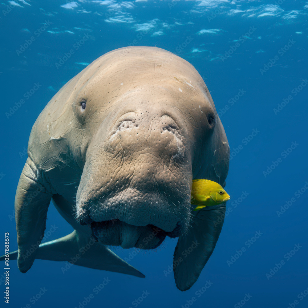 Naklejka premium Dugong male or sea cow with yellow fish in the deep blue water of Red Sea