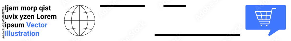 Globe icon, text lines, and shopping cart symbol in speech bubble. Ideal for e-commerce, online shopping, global trade, marketing, digital sales, retail, user interfaces. Landing page Globe icon, text lines, and shopping cart symbol in speech bubble. Ideal for e-commerce, online shopping, global trade, marketing, digital sales, retail, user interfaces. Landing page