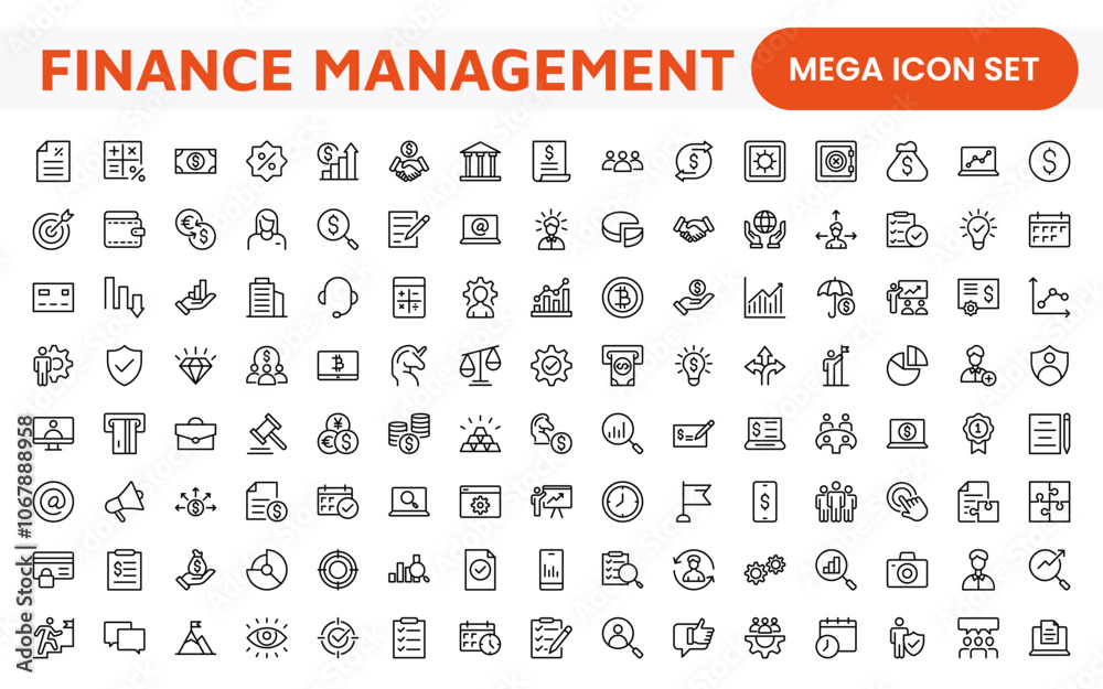 Finance Management Icon Set. Professional and sleek icons for budgeting, expense tracking, and investment management, ideal for finance apps, tools, and platforms. Finance Management Icon Set. Professional and sleek icons for budgeting, expense tracking, and investment management, ideal for finance apps, tools, and platforms.