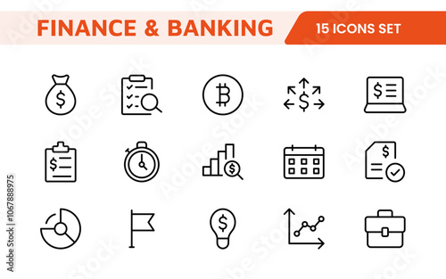 Finance Management Icon Set. Professional and sleek icons for budgeting, expense tracking, and investment management, ideal for finance apps, tools, and platforms.