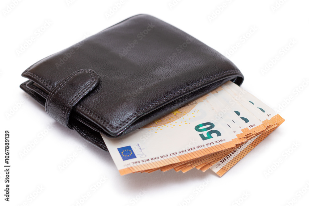 Black Leather Men Wallet with Fifty Euro Banknotes Inside - Isolated on White Background. A Purse Full of Money Symbolizing Wealth, Success and Social Status - Isolation Black Leather Men Wallet with Fifty Euro Banknotes Inside - Isolated on White Background. A Purse Full of Money Symbolizing Wealth, Success and Social Status - Isolation