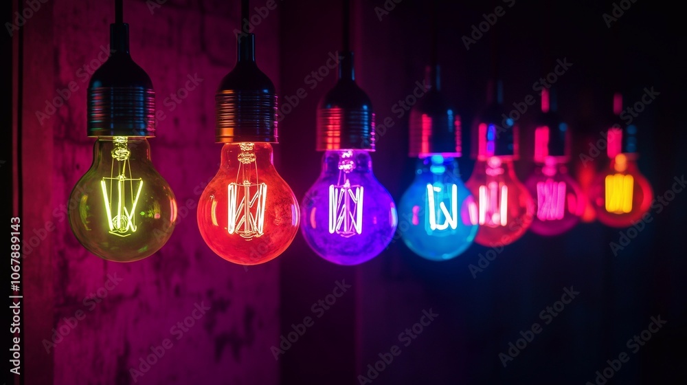 Row of colorful neon light bulbs hanging against a dark background. modern lighting creative interior design. vibrant decor display. contemporary style electric light. light art. Row of colorful neon light bulbs hanging against a dark background. modern lighting creative interior design. vibrant decor display. contemporary style electric light. light art.
