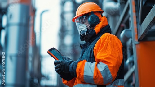 Construction worker in safety gear using a tablet at an industrial site, ensuring communication and safety in operations. photo