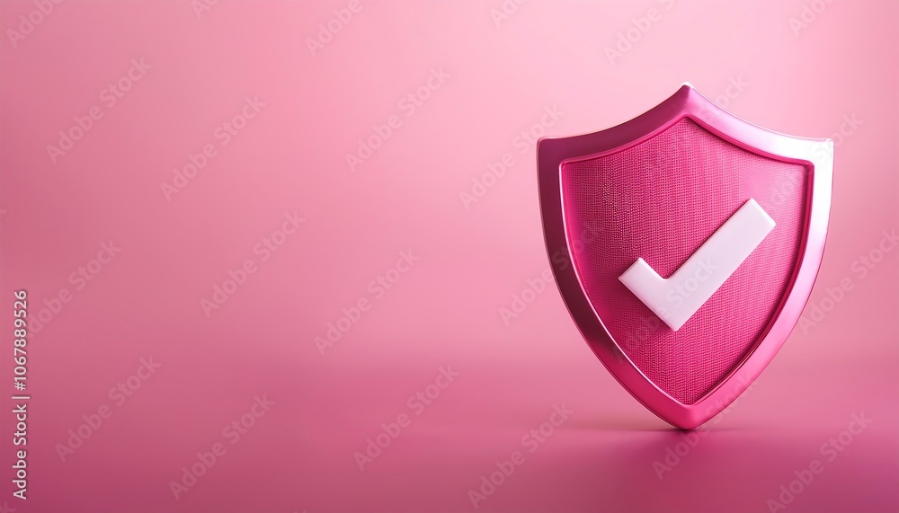 A pink shield with a checkmark symbolizes protection and security. A pink shield with a checkmark symbolizes protection and security.
