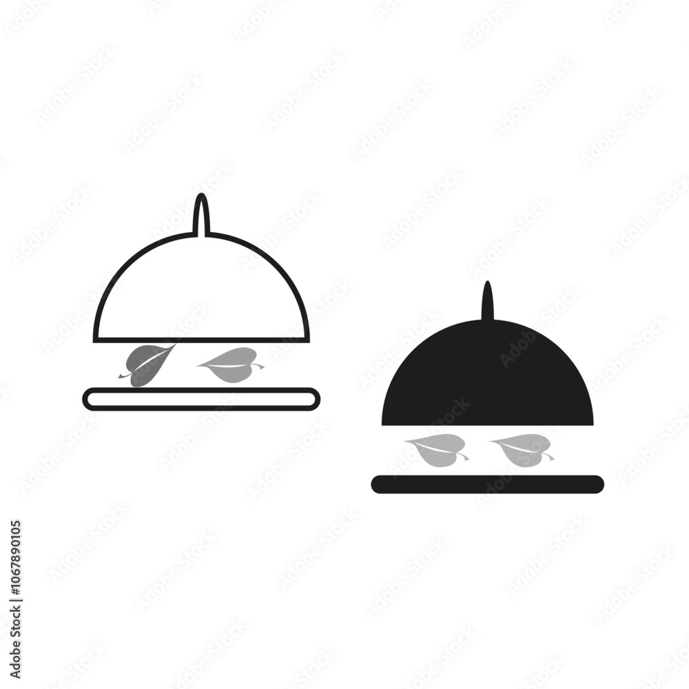 Food dome icon. Restaurant cloche symbol. Leaf garnish illustration. Serving cover vector. Food dome icon. Restaurant cloche symbol. Leaf garnish illustration. Serving cover vector.