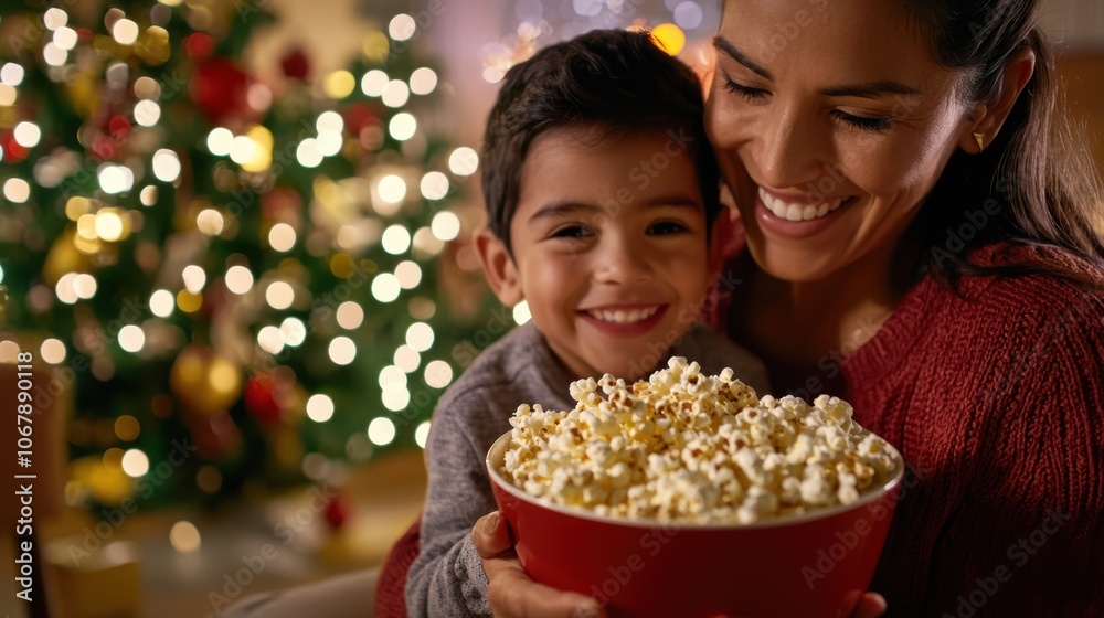 Joyful Mother and Child Sharing Popcorn Together Joyful Mother and Child Sharing Popcorn Together