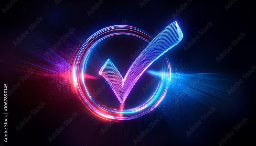 A glowing digital checkmark within a vibrant circular frame, showcasing a modern and futuristic design. A glowing digital checkmark within a vibrant circular frame, showcasing a modern and futuristic design.