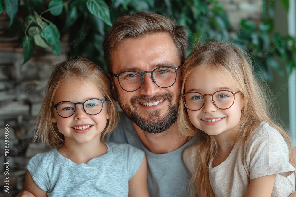 Happy family of four enjoying a day at the optics store with stylish eyeglasses on summer afternoon Happy family of four enjoying a day at the optics store with stylish eyeglasses on summer afternoon