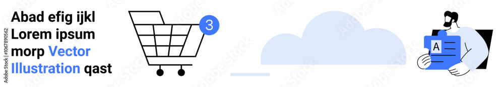 Shopping cart with notification icon, person with document containing A. Ideal for e-commerce, online shopping, digital marketplaces, retail stores, notifications, business presentations. Landing Shopping cart with notification icon, person with document containing A. Ideal for e-commerce, online shopping, digital marketplaces, retail stores, notifications, business presentations. Landing