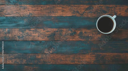 A top-down view of a coffee cup on a rustic wooden table.