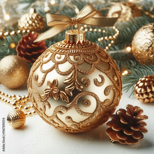 Golden Christmas Ball with Ribbon on green Tree Branch photo