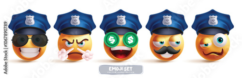 Police emoji characters vector set. Police officer emoticons in happy, friendly, cool, angry and drunk facial expression for patrol cop character collection. Vector illustration 3d icon security emoji