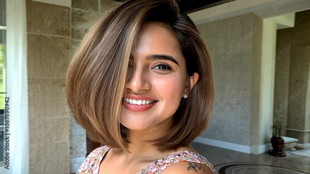A woman with a brown bob haircut smiles in front of a beige wall