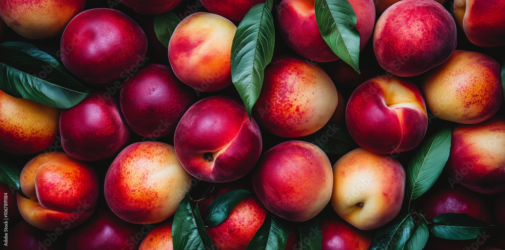 Peaches in various shades of red, orange, and yellow nestle among green leaves, appearing fresh with a smooth, fuzzy texture Peaches in various shades of red, orange, and yellow nestle among green leaves, appearing fresh with a smooth, fuzzy texture