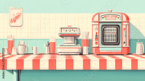 Retro diner table setting with checkered placemats and jukebox: depicts a nostalgic diner table setting with checkered placemats and a classic jukebox, reflecting vintage charm. Vintage. Illustration photo