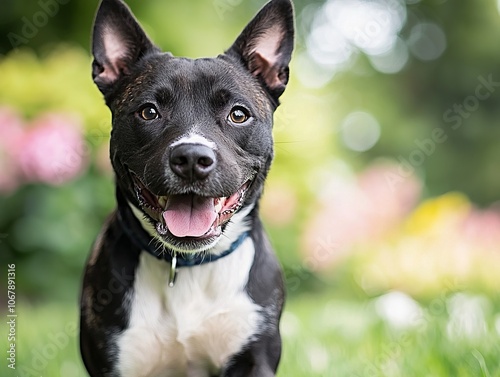 A happy black and white dog with a joyful expression in a garden setting.