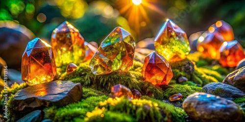 Crystalline formations bathed in sunlight on a bed of mossy green, reflecting a kaleidoscope of colors