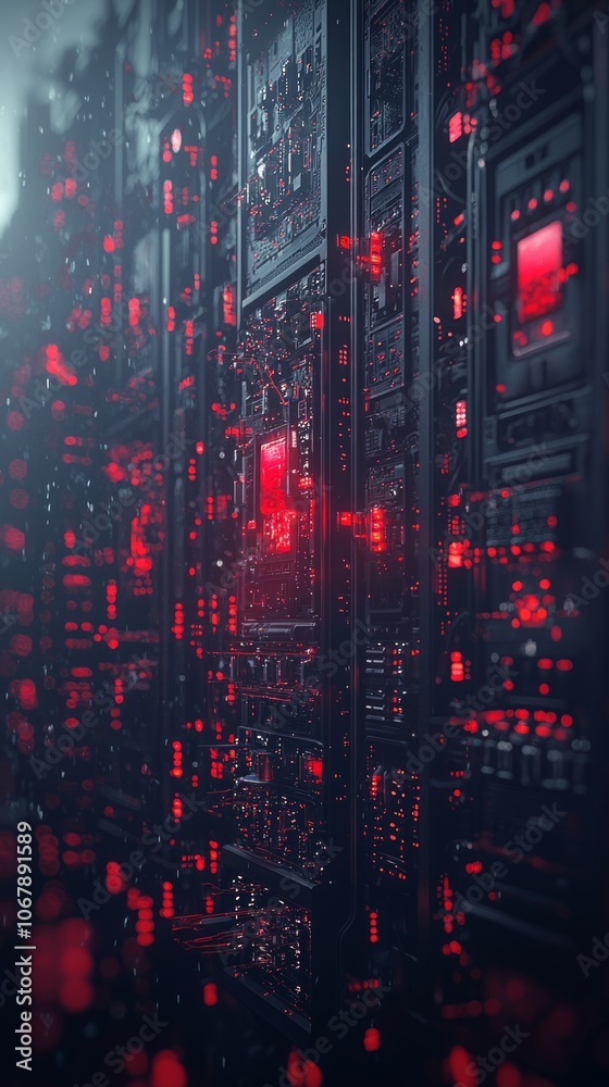 Obraz premium A futuristic server room with glowing red lights and intricate circuitry.