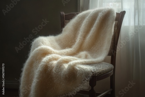 A soft mohair sweater draped elegantly over a wooden chair in warm, gentle light, creating a cozy and inviting atmosphere photo