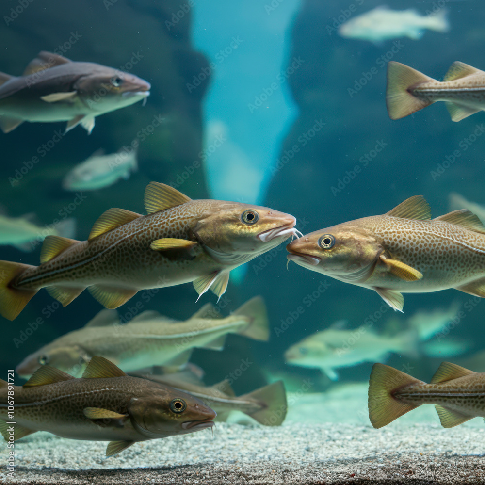 Obraz premium Cods or Gadus morhua and saithes Pollachius Virens fish in the Atlantic Sea Park in Alesund, Norway