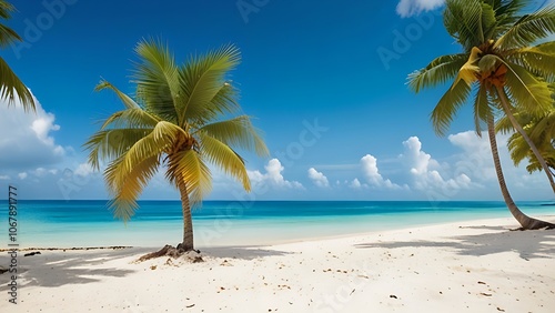 Idyllic tropical beach scene with palm trees swaying in the breeze.