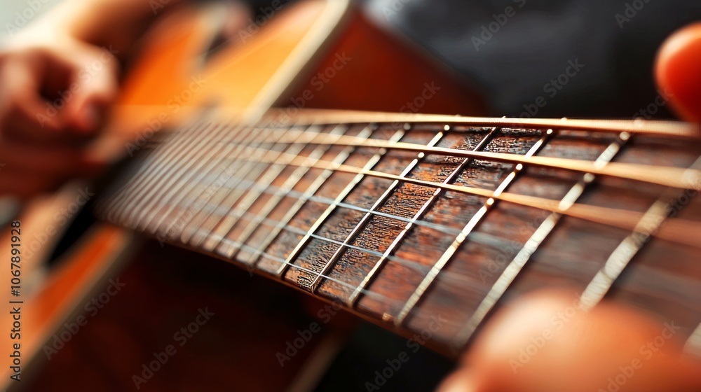 Close-up of a person's hand playing guitar strings.