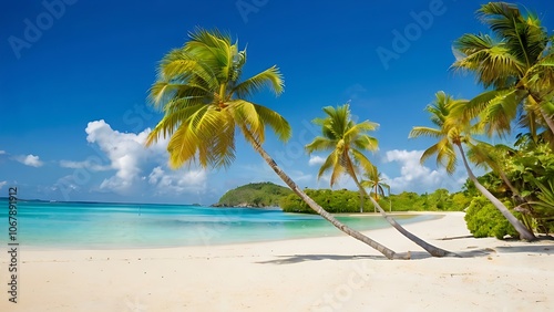 Tranquil beach scene with palm trees, white sand, and clear blue water.