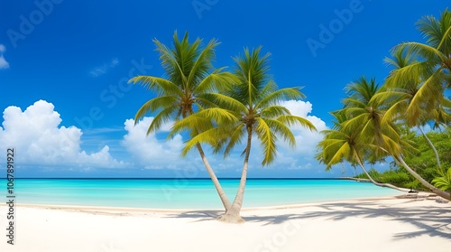 Tranquil beach scene with palm trees, turquoise water, white sand and blue sky.