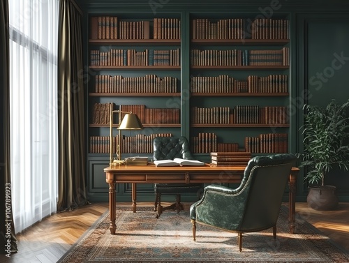 クラシックな書斎と重厚なデスクが演出するエレガントなホームオフィス | Elegant Home Office with Classic Study and Opulent Desk photo