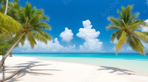 Idyllic tropical beach with palm trees, white sand, crystal clear turquoise water and blue sky with fluffy clouds.