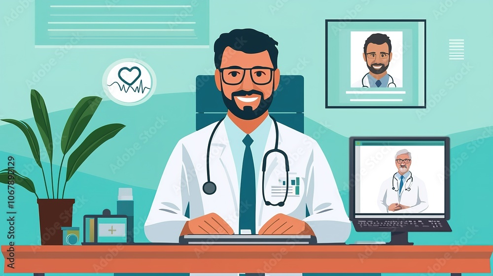 A cheerful doctor with glasses sits at a desk, surrounded by plants, a computer, and framed photos, embodying a modern healthcare environment. A cheerful doctor with glasses sits at a desk, surrounded by plants, a computer, and framed photos, embodying a modern healthcare environment.