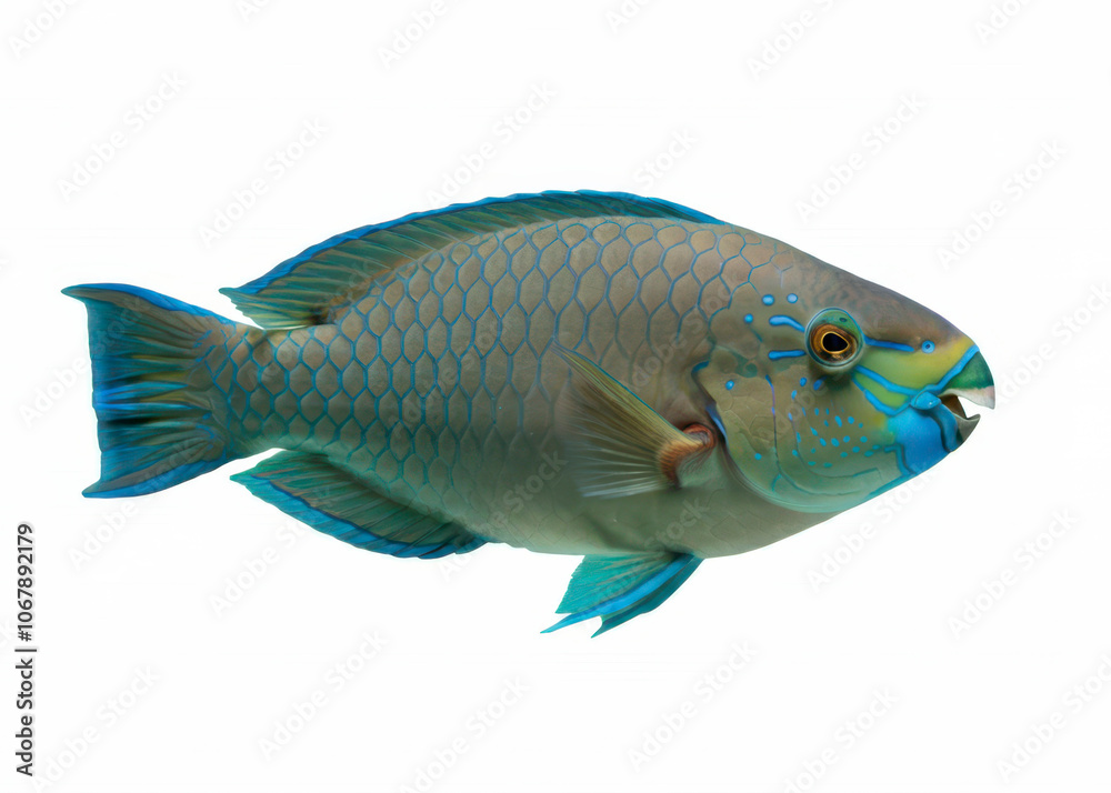 A colored parrot fish on isolated white background. Scarus ghobban or blue-barred, globe-headed, bluechin parrotfish is a popular marine aquarium fish. A colored parrot fish on isolated white background. Scarus ghobban or blue-barred, globe-headed, bluechin parrotfish is a popular marine aquarium fish.