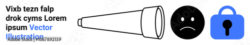 Telescope, sad face, and blue padlock representing privacy, security, and observation. Ideal for data privacy, security awareness, emotional states, online protection, restricted access, surveillance