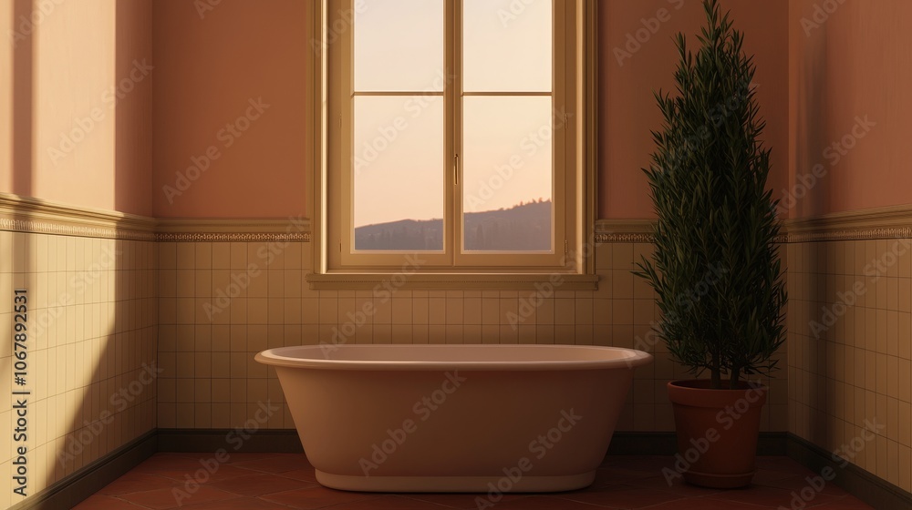 Modern Bathroom with Bathtub Window View and Plant Minimalist Design Modern Bathroom with Bathtub Window View and Plant Minimalist Design