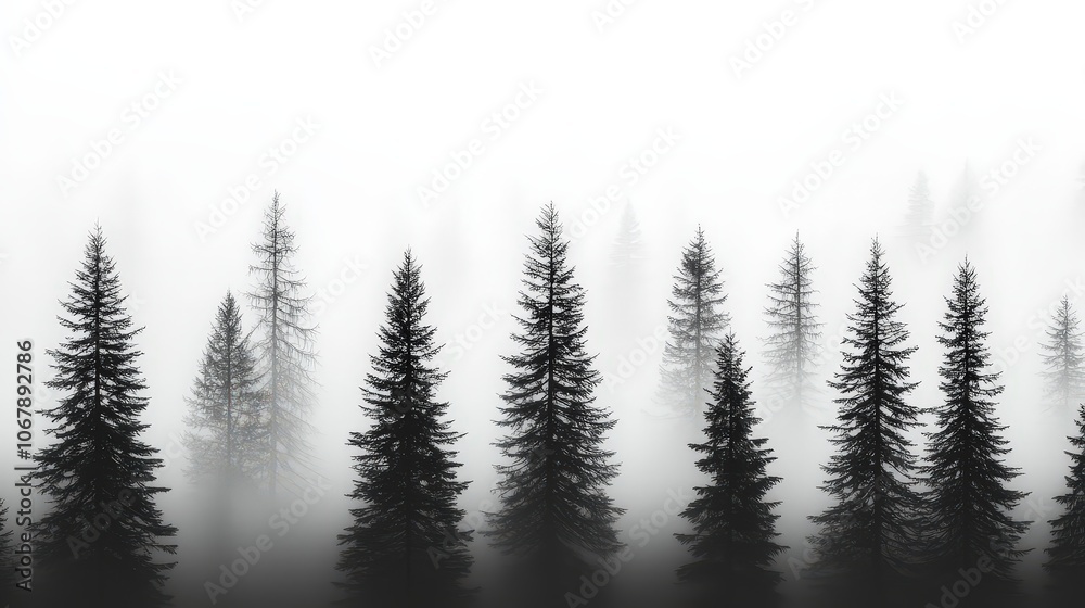 Obraz premium Misty Forest Silhouette Tall Pine Trees in Foggy Morning Landscape