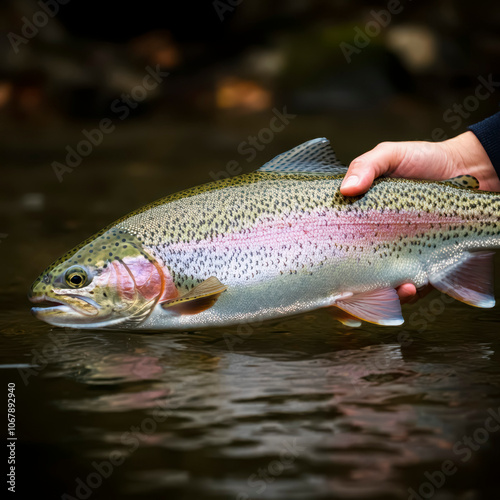 Rainbow trout caught and released in the River in downtown, wild river life photo