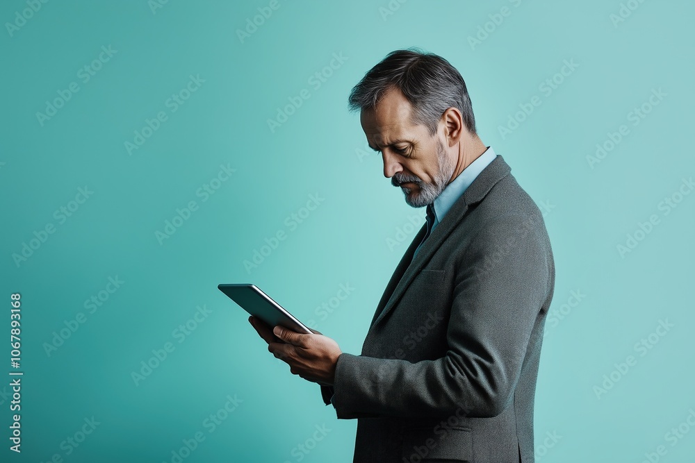 Mature Man Holding a Tablet, Looking Focused. Generative AI. Mature Man Holding a Tablet, Looking Focused. Generative AI.